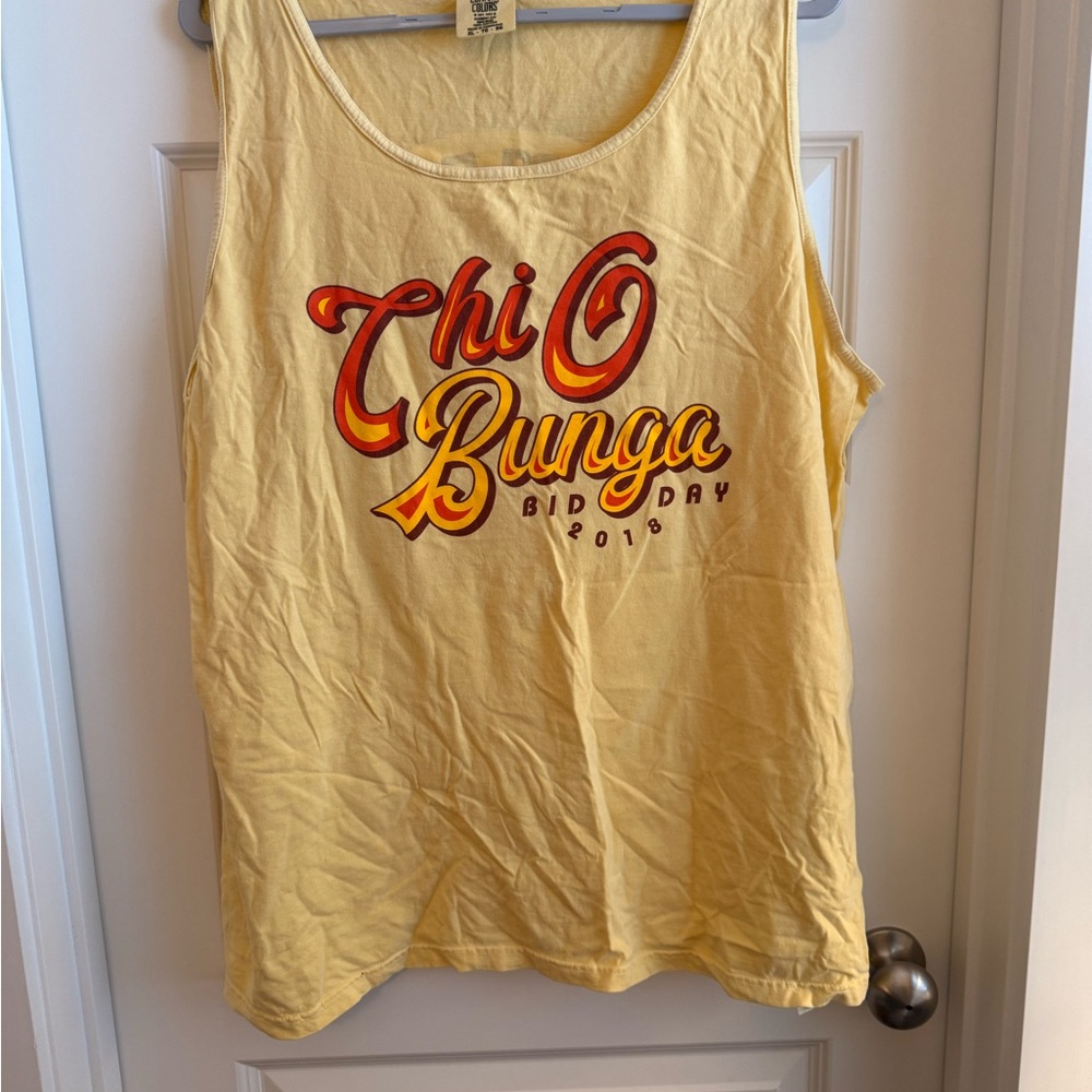 Yellow Chi Omega Bid Day Tank Top; University of Kansas 2018